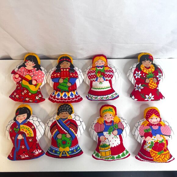 VTG Handmade Stuffed Ornament Dolls 'Around the World' Fabric Set of 8 Christmas - Picture 1 of 5
